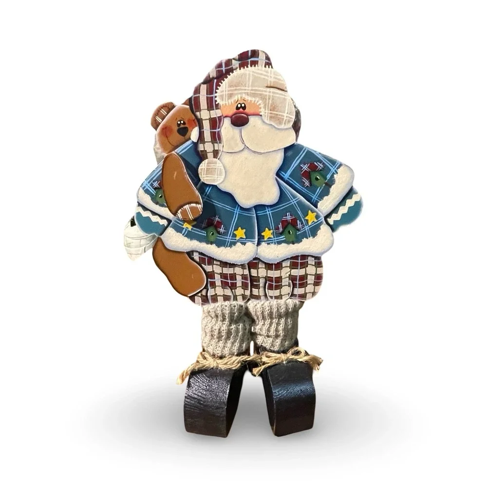Vintage‎ Rustic Santa Claus Figurine with Teddy Bear Christmas Decor homemade